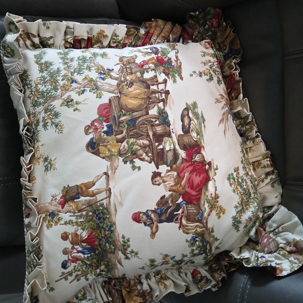 French Country Toile Ruffled Throw Pillows with Rustic Scene - Picture 9 of 17